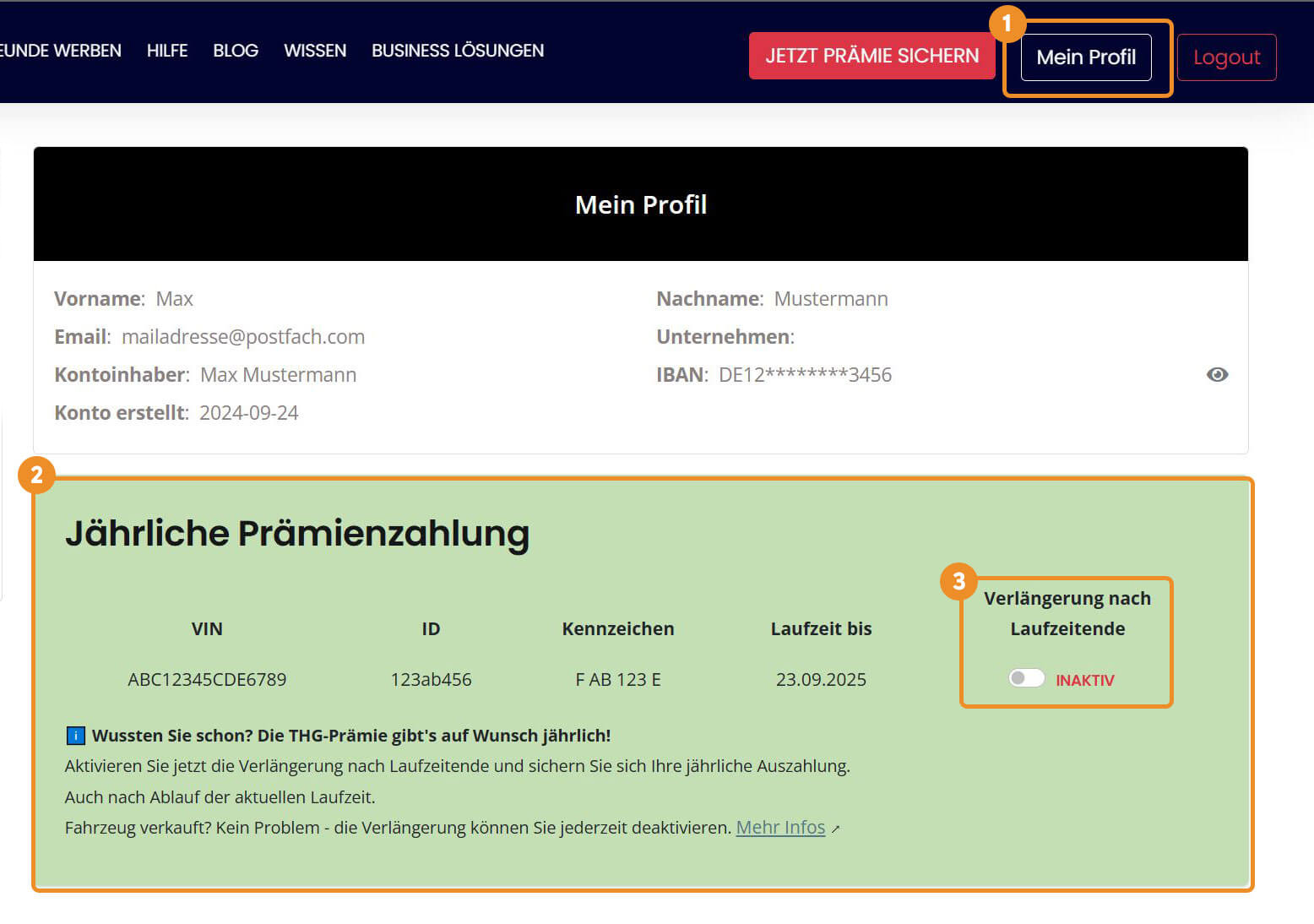 Screenshot zur Anleitung der Steuerung der Vertragsverlängerung im Profil